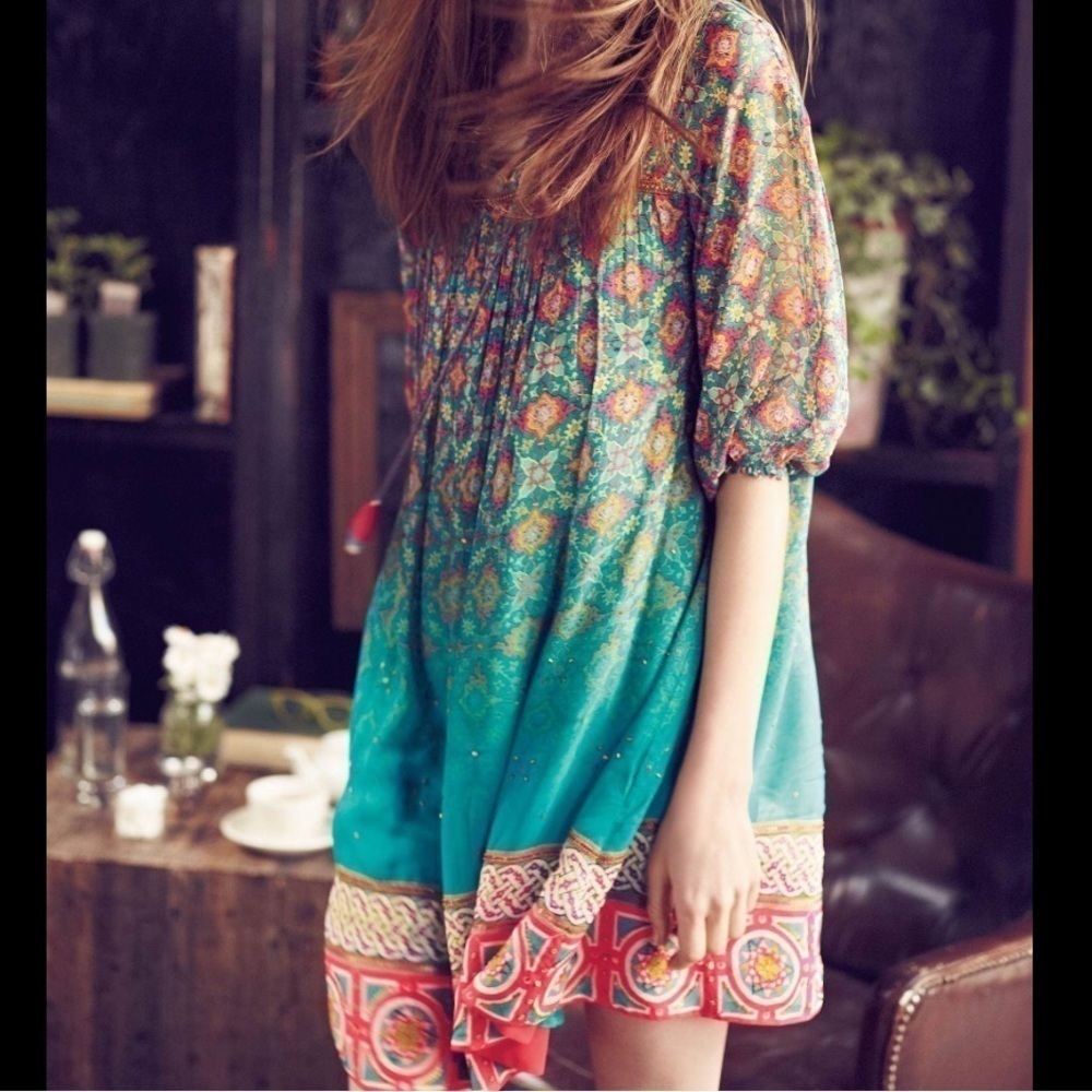 Anthropologie Tanvi kedia Peasant Boho Teal Sequin Lined tunic Mini dress XS